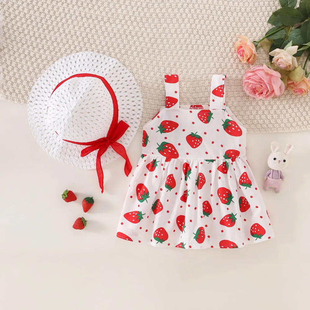 Summer Baby Girl Dress Hat 2/Piece Set Girls' Small Round Dot Strawberry Printed Front Bow Daily Casual Dress