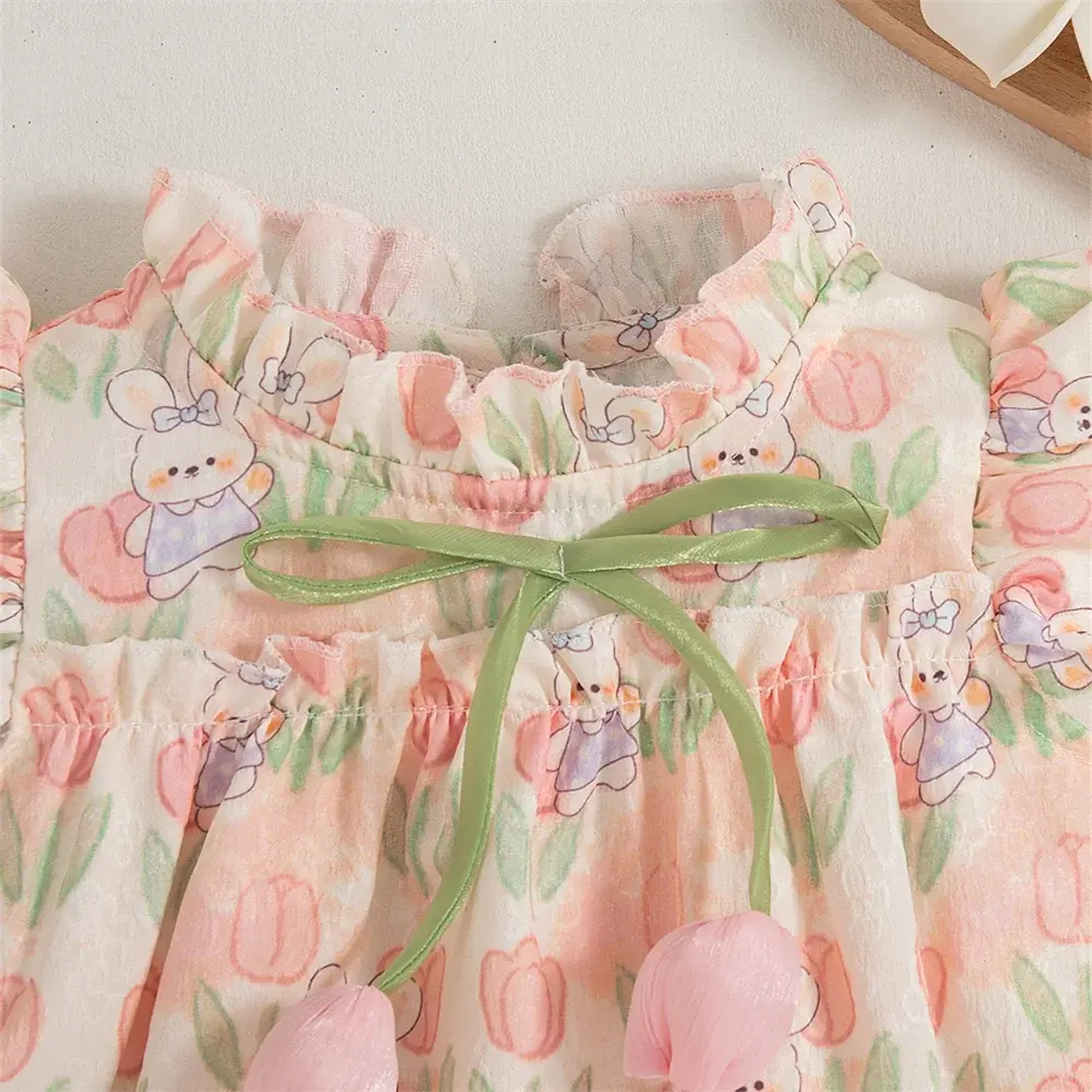 Summer Children's Clothing Baby Sleeveless Rabbit 3D Flower Baby Girl Dress New Chinese Style Lace Sweet Girl Dress