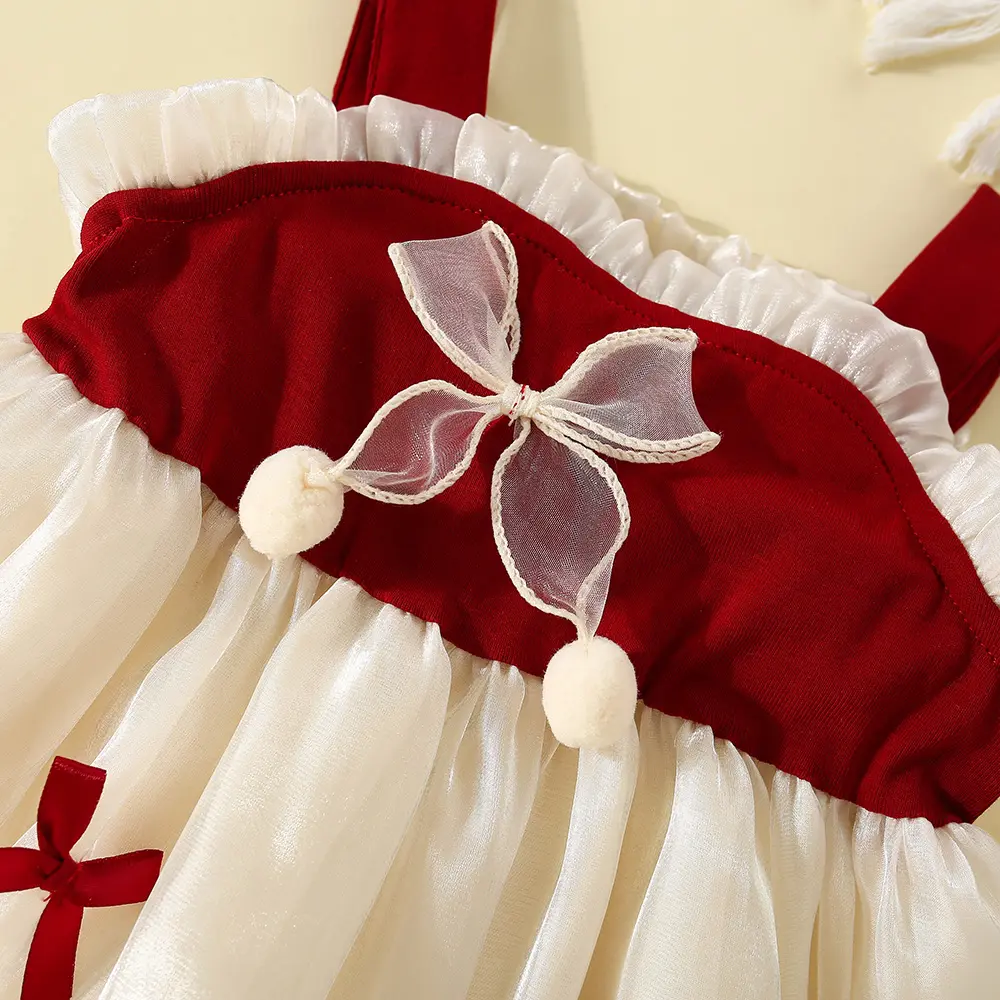 Summer girl baby dress girl solid color suspender lace patchwork with multiple bows and mesh princess dress