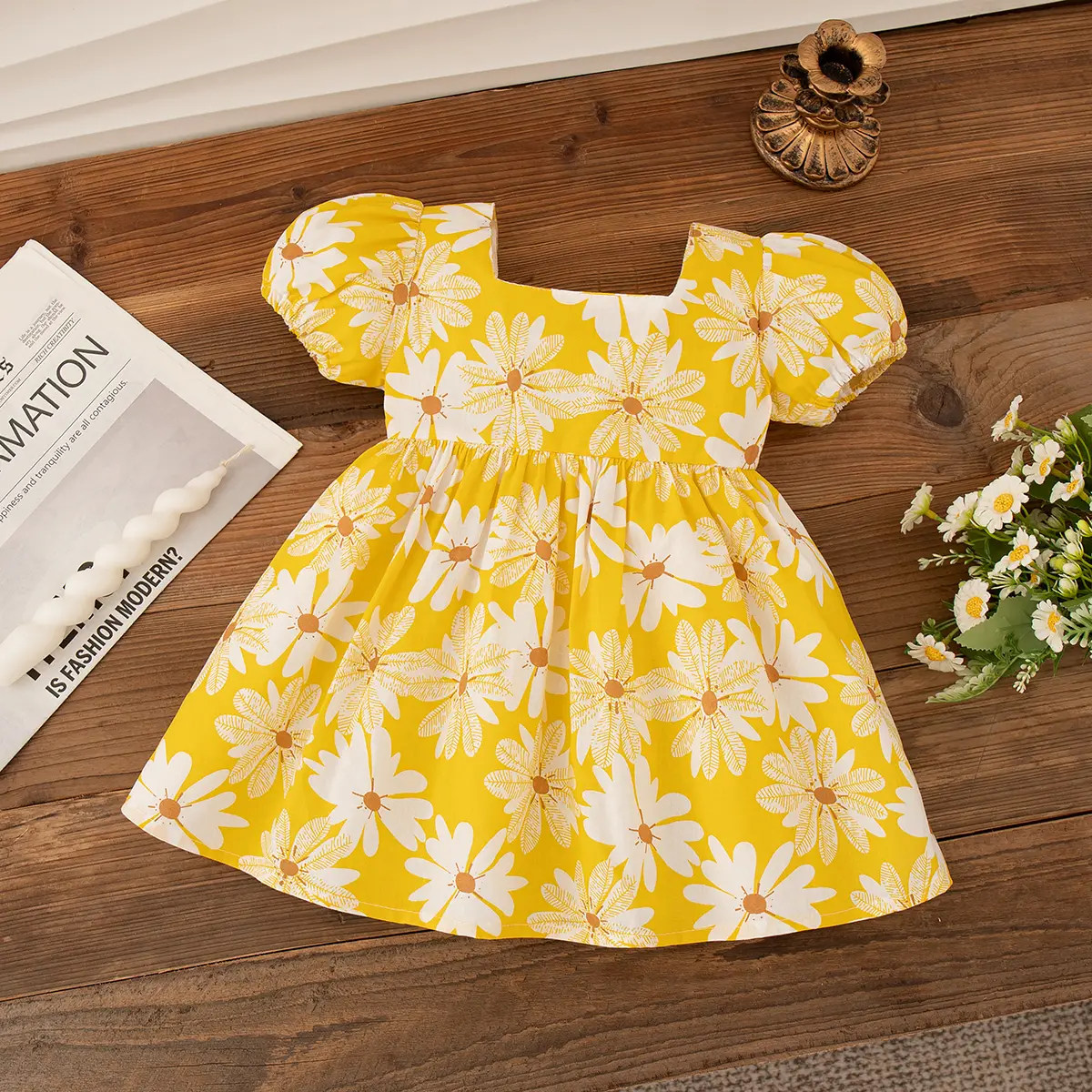 Sweet Baby Girl Dresses Summer New Flower Printed Short Sleeve Girl Clothes Square Collar Bow Birthday Party Baby Dresses