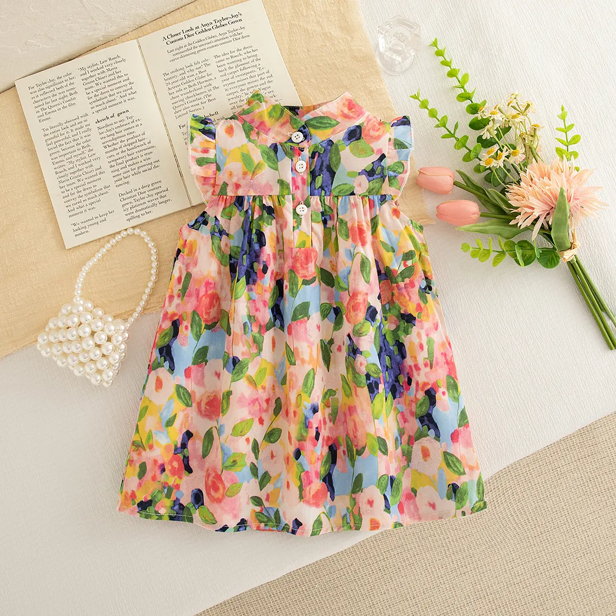 Summer New Baby Dresses Flying Sleeve Stand Up Collar Girl Dress Flower Print Button Sweet Birthday Party Baby Girl Clothing