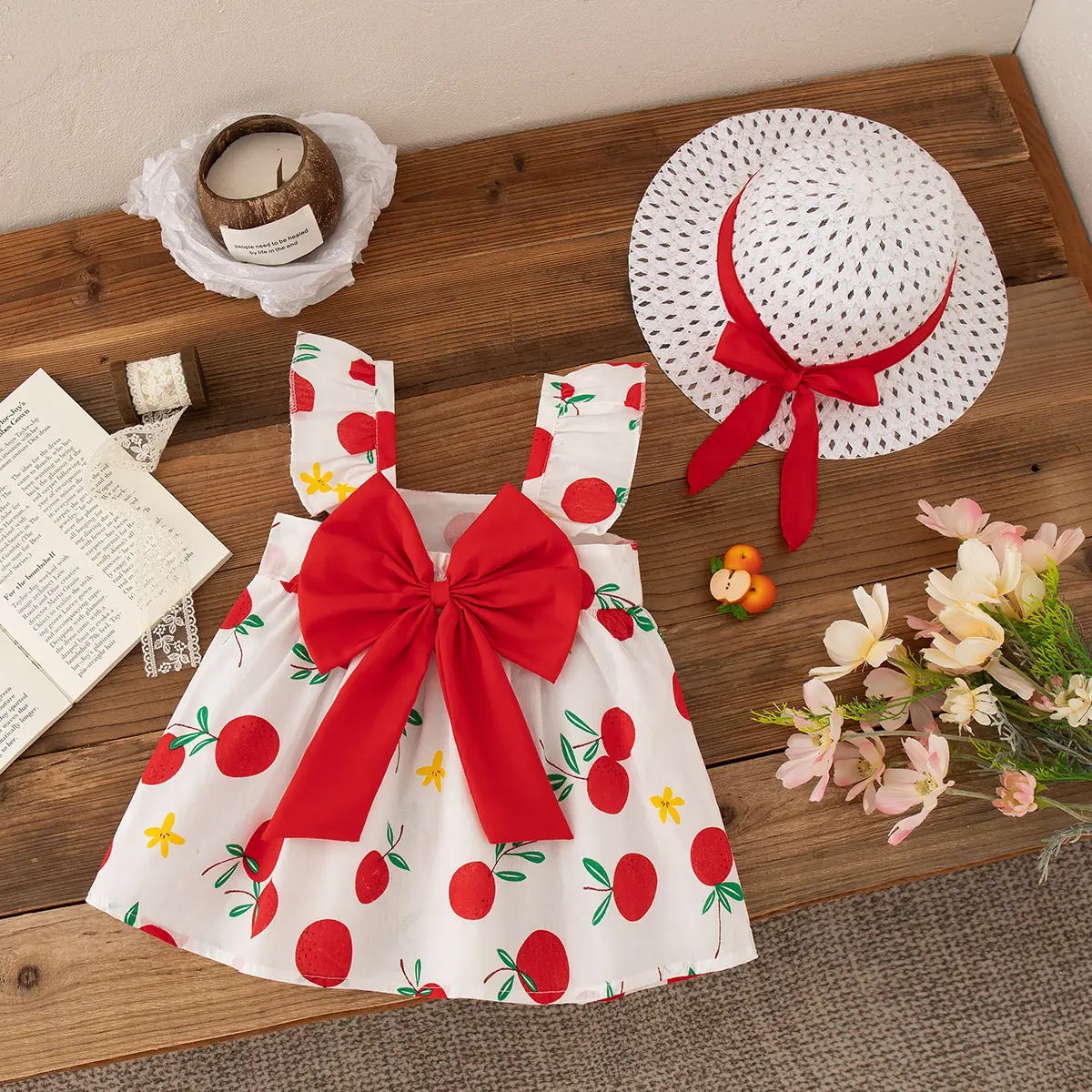 Baby Girl Dresses 2 Pieces Set Princess Hat Dress Summer New Girl Clothing Fruit Printed Bow Sweet Beach Party Baby Clothing