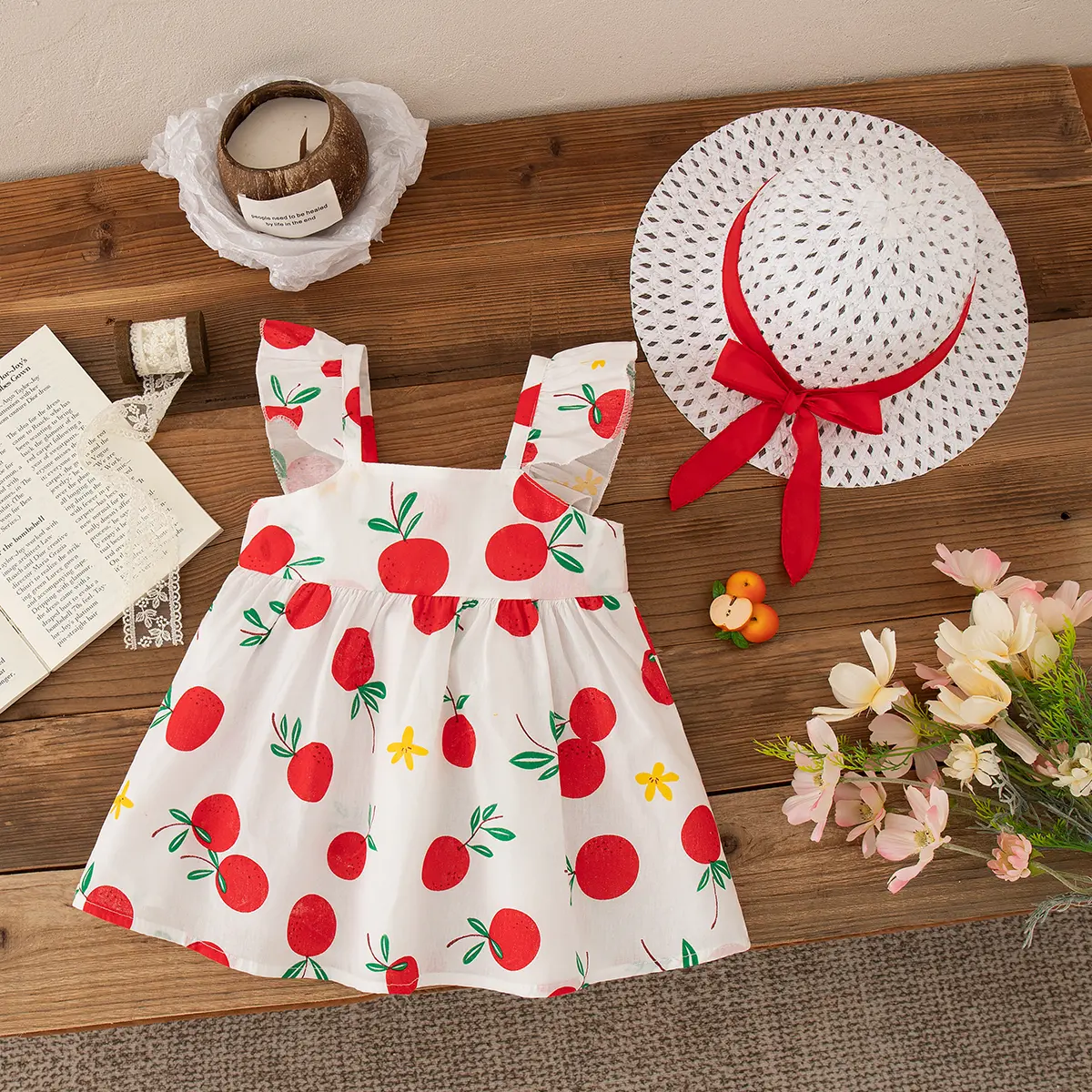 Baby Girl Dresses 2 Pieces Set Princess Hat Dress Summer New Girl Clothing Fruit Printed Bow Sweet Beach Party Baby Clothing