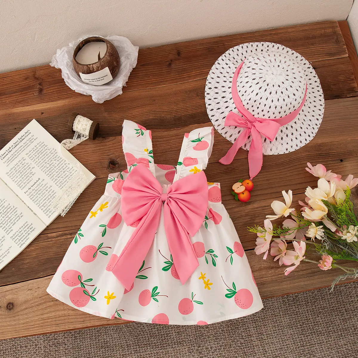Baby Girl Dresses 2 Pieces Set Princess Hat Dress Summer New Girl Clothing Fruit Printed Bow Sweet Beach Party Baby Clothing
