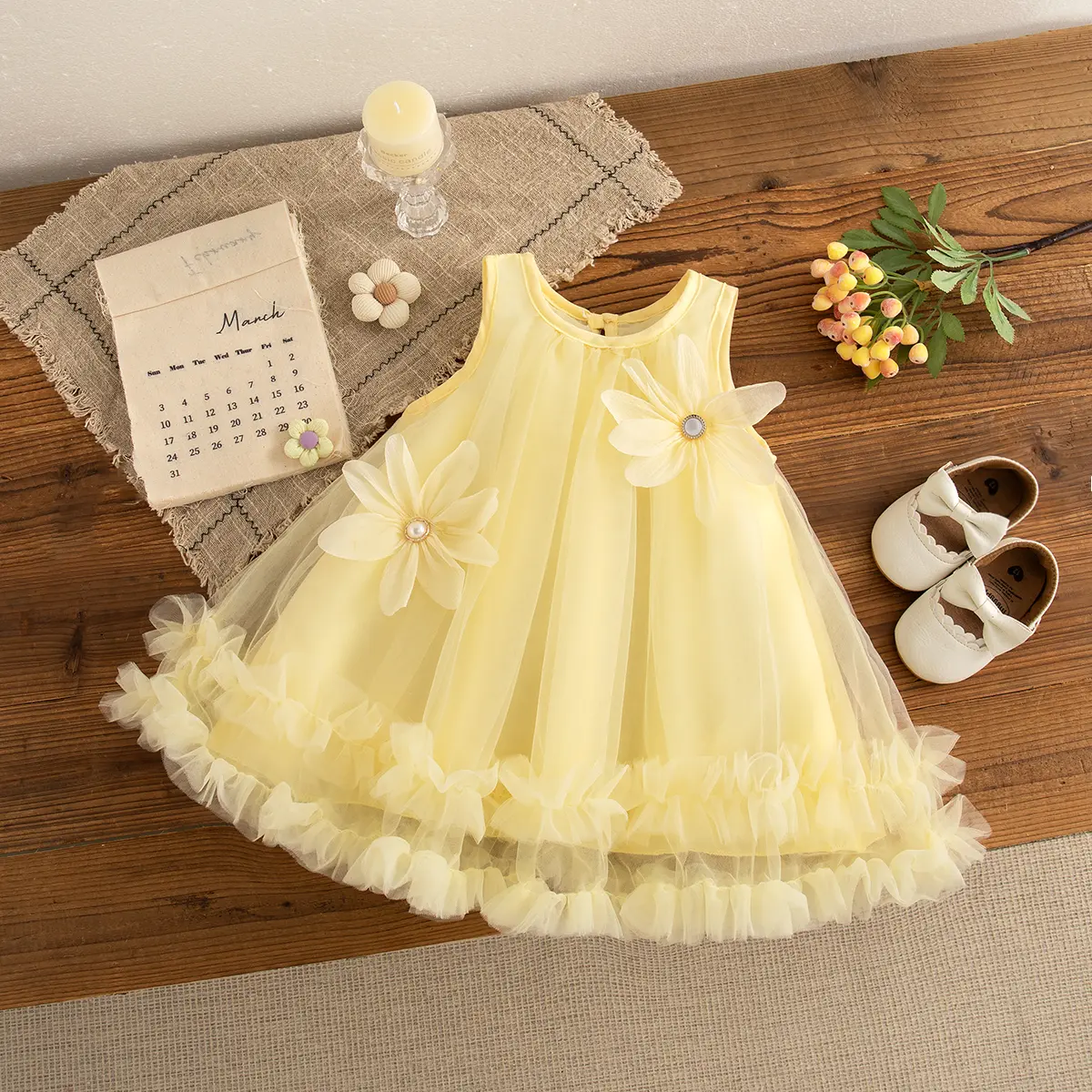 Party Girl Dress Flower Princess Sweet Baby Girl Dress Summer Birthday Ball Gown Solid Color Mesh Baby Girl Clothing
