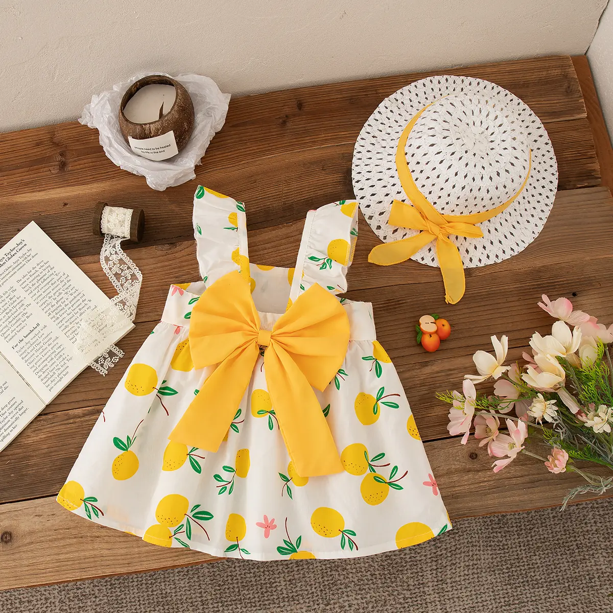 Baby Girl Dresses 2 Pieces Set Princess Hat Dress Summer New Girl Clothing Fruit Printed Bow Sweet Beach Party Baby Clothing