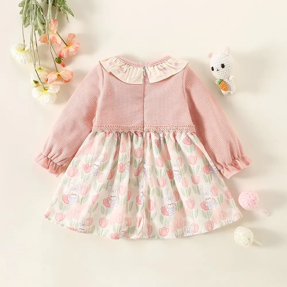 Autumn 2/piece set of girls' dress bag baby girl long sleeved cardigan spliced rabbit flower print dress fake two pieces