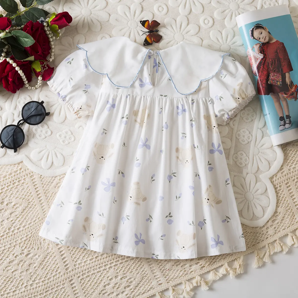 Casual Dresses For Girls Short Sleeved Round Neck Baby Girl Dresses Bear Print Blue Bow Embroidery Sweet Baby Clothes