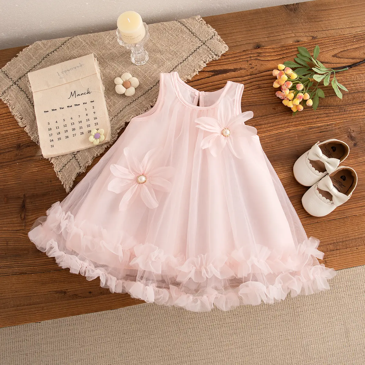 Party Girl Dress Flower Princess Sweet Baby Girl Dress Summer Birthday Ball Gown Solid Color Mesh Baby Girl Clothing