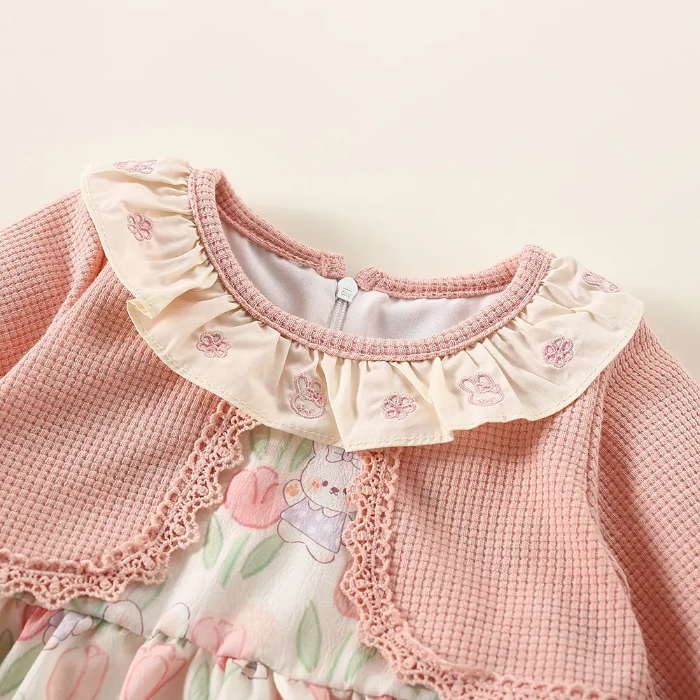 Autumn 2/piece set of girls' dress bag baby girl long sleeved cardigan spliced rabbit flower print dress fake two pieces