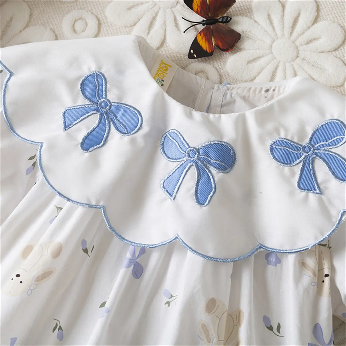 Casual Dresses For Girls Short Sleeved Round Neck Baby Girl Dresses Bear Print Blue Bow Embroidery Sweet Baby Clothes