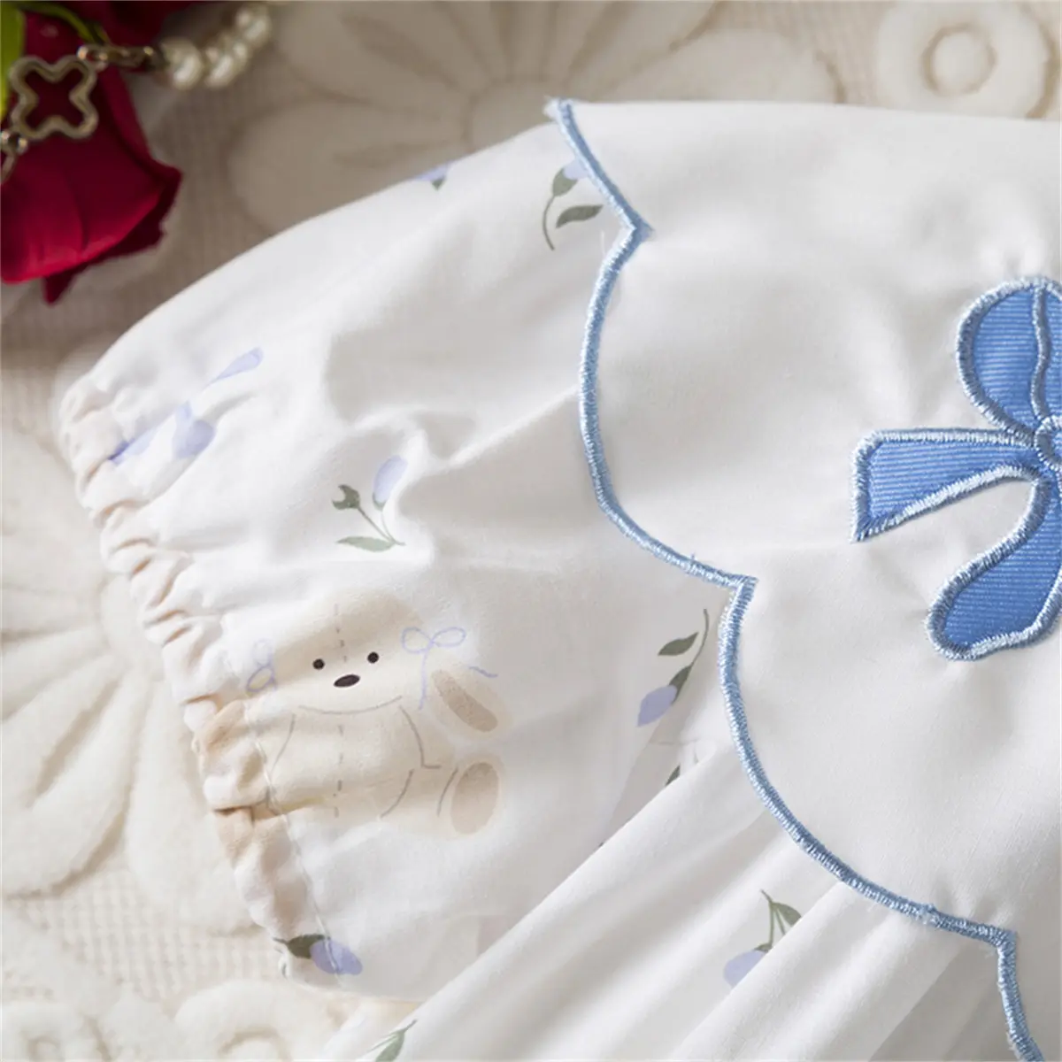 Casual Dresses For Girls Short Sleeved Round Neck Baby Girl Dresses Bear Print Blue Bow Embroidery Sweet Baby Clothes
