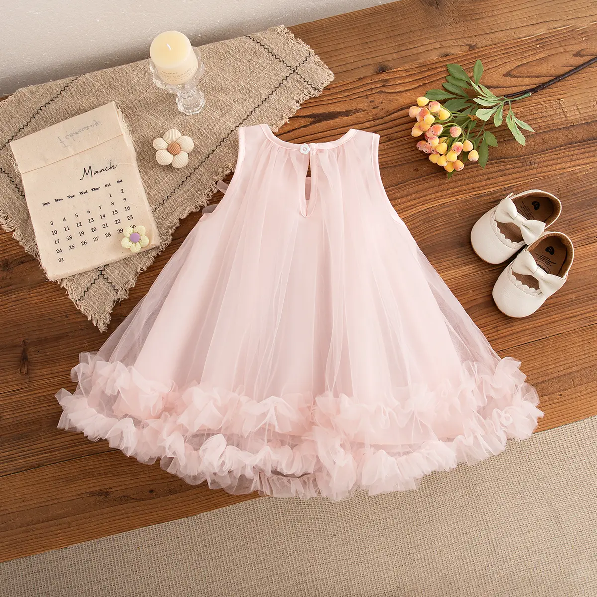 Party Girl Dress Flower Princess Sweet Baby Girl Dress Summer Birthday Ball Gown Solid Color Mesh Baby Girl Clothing