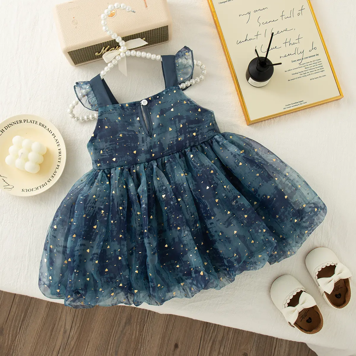 Baby Girl Dresses Summer New Sleeveless Ruffle Edge Baby Dress Mesh Starry Sky Sequins Sweet Bow Costumes For Girls
