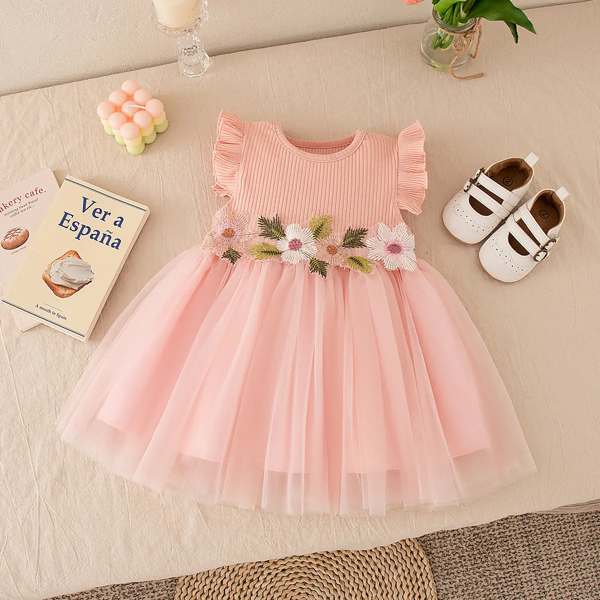 Summer Baby Girl Dresses New Round Neck Sleeveless Flower Embroidered Girl Clothes Mesh Princess Sweet Baby Dresses