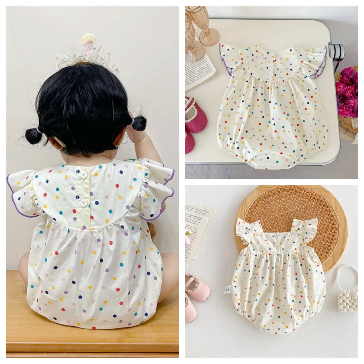 Summer sleeveless newborn flower polka dot Triangle pants crawling suit 0 to 3 months clothes for girl baby Cotton jumpsuit