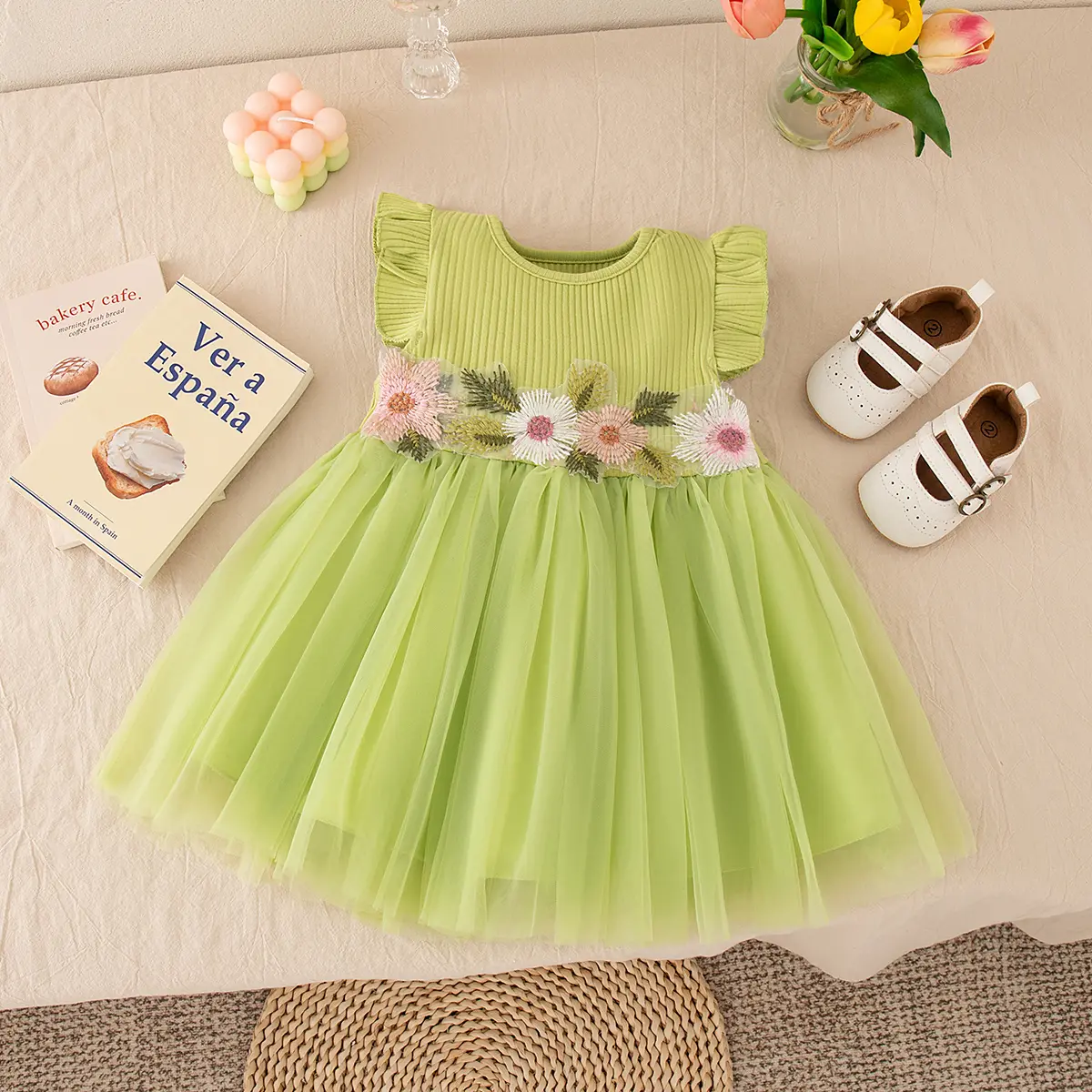 Summer Baby Girl Dresses New Round Neck Sleeveless Flower Embroidered Girl Clothes Mesh Princess Sweet Baby Dresses