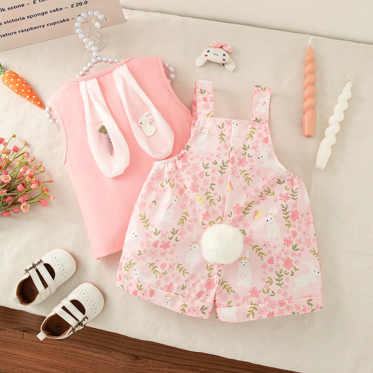 Clothes Girl 2 Pieces Set Summer Sleeveless Shoulder Shorts Baby Clothes Girl With Flower Print Rabbit Ears Baby Set