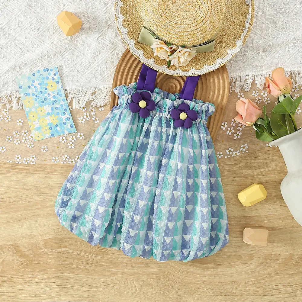 Baby Dress Summer Girl Covered With Colorful Checkered Patterns Two 3d Floral Suspender Princess Dresses