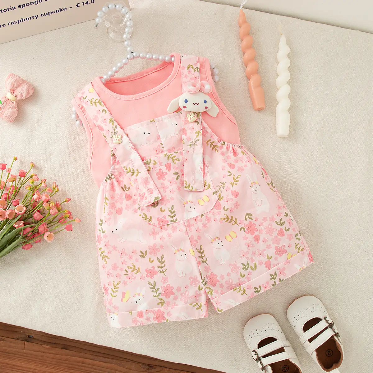 Clothes Girl 2 Pieces Set Summer Sleeveless Shoulder Shorts Baby Clothes Girl With Flower Print Rabbit Ears Baby Set