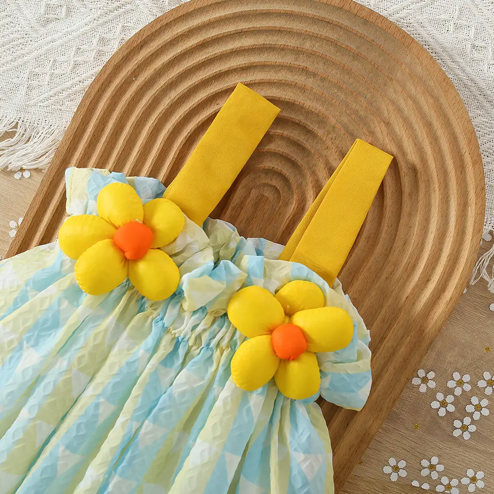 Baby Dress Summer Girl Covered With Colorful Checkered Patterns Two 3d Floral Suspender Princess Dresses