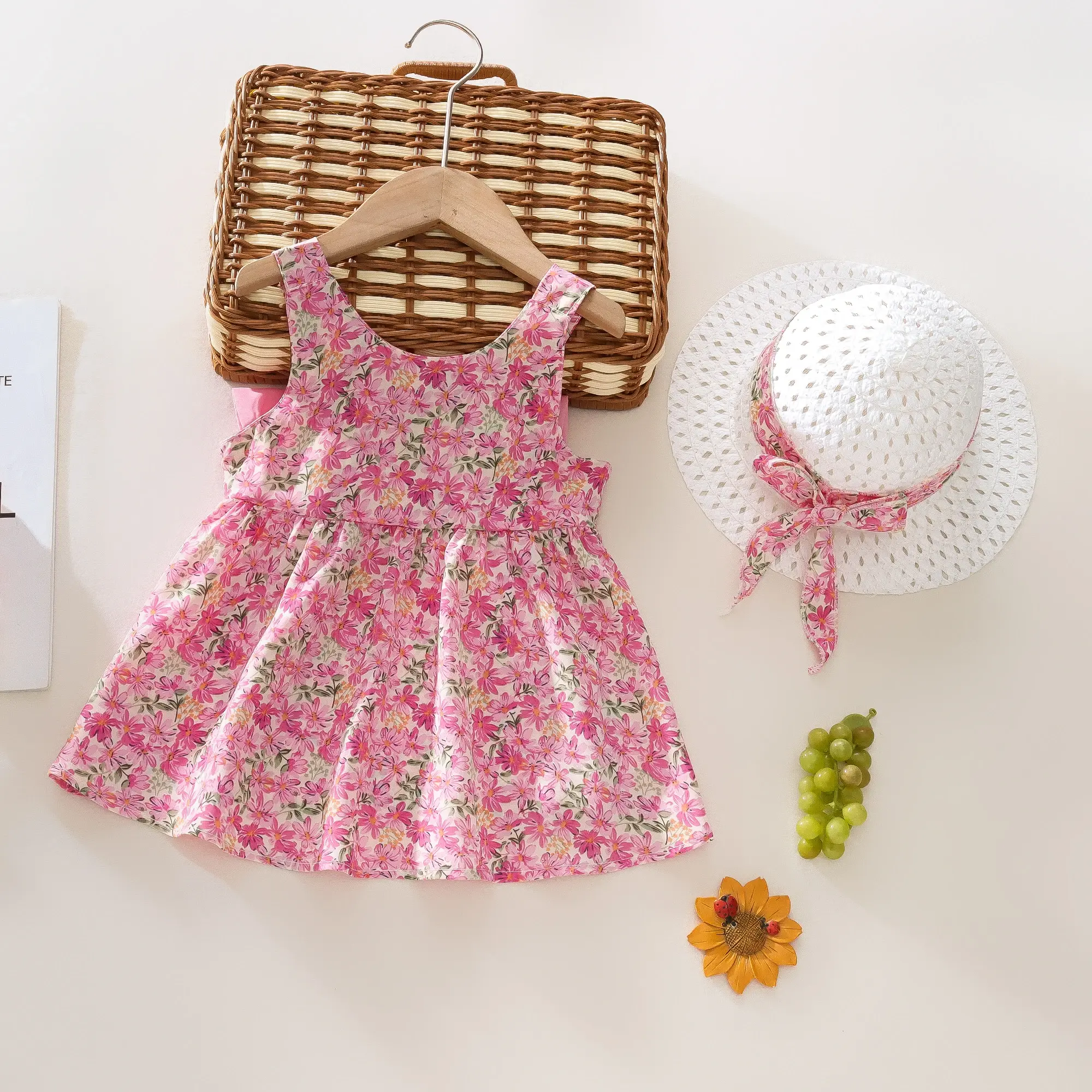 0-3 Baby Girl Set Summer Full body Printed Strap Princess Dress Big Bow Cute Sleeveless Dress+Hat 2 Pcs