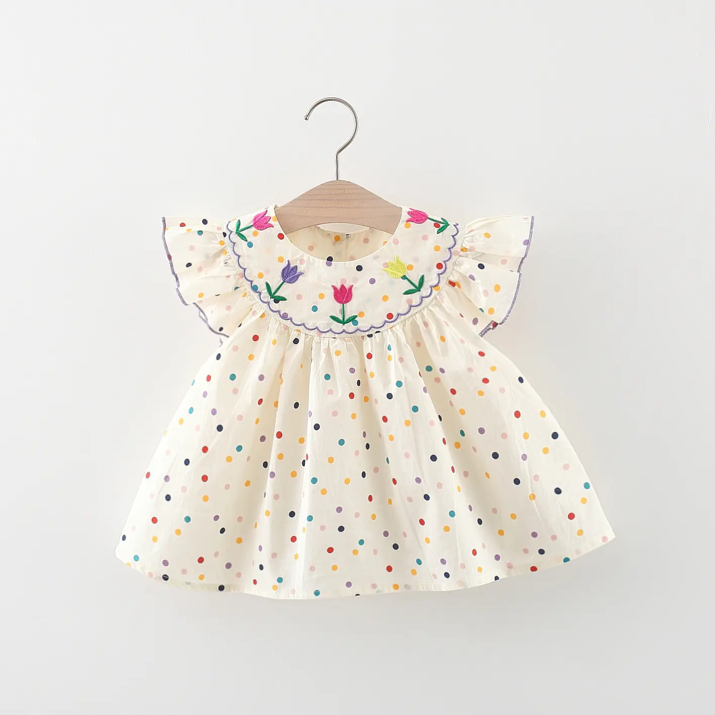 Children's Clothing Summer New Sweet Beauty Children's Doll Shirt Princess Dress Flower Embroidery Small Round Dot Loose Bubble