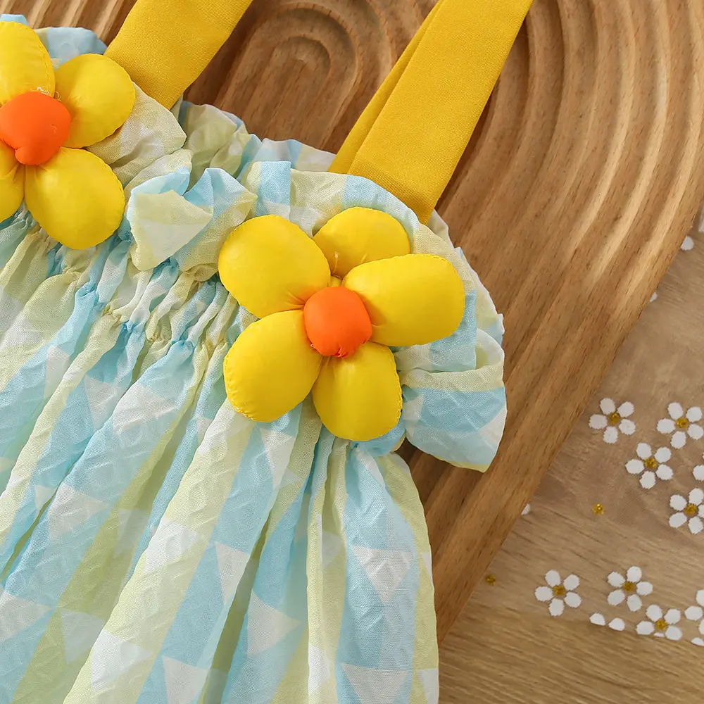 Baby Dress Summer Girl Covered With Colorful Checkered Patterns Two 3d Floral Suspender Princess Dresses