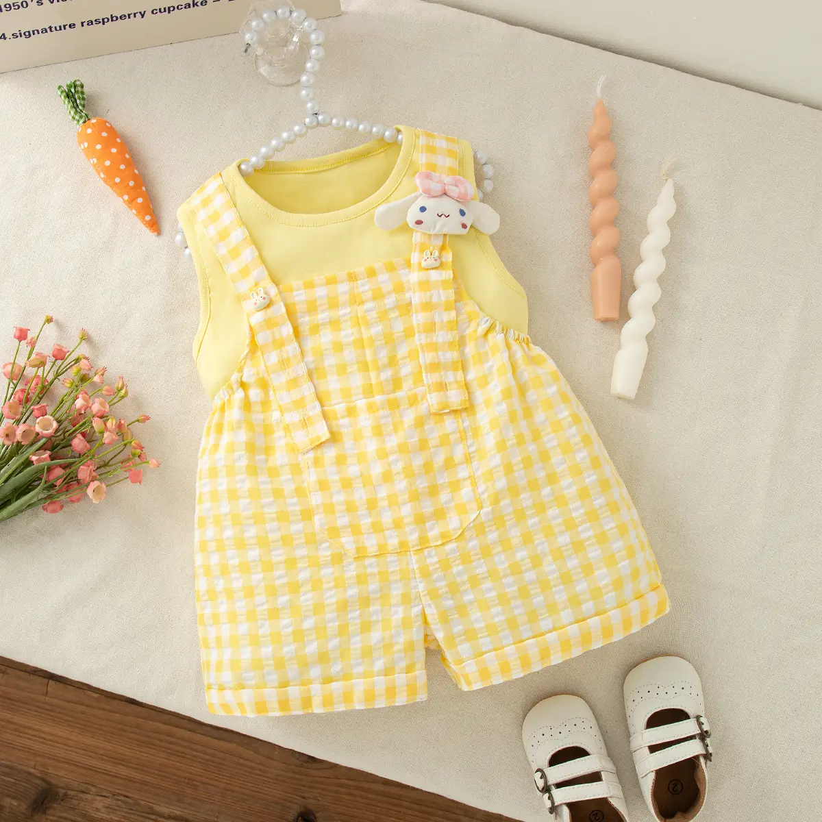 Clothes Girl 2 Pieces Set Summer Sleeveless Shoulder Shorts Baby Clothes Girl With Flower Print Rabbit Ears Baby Set