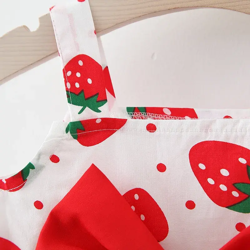 Summer 0-2 Baby Girl Dress Girl Full Strawberry Printed Cotton Strap Dress Large Bow Sleeveless Dress