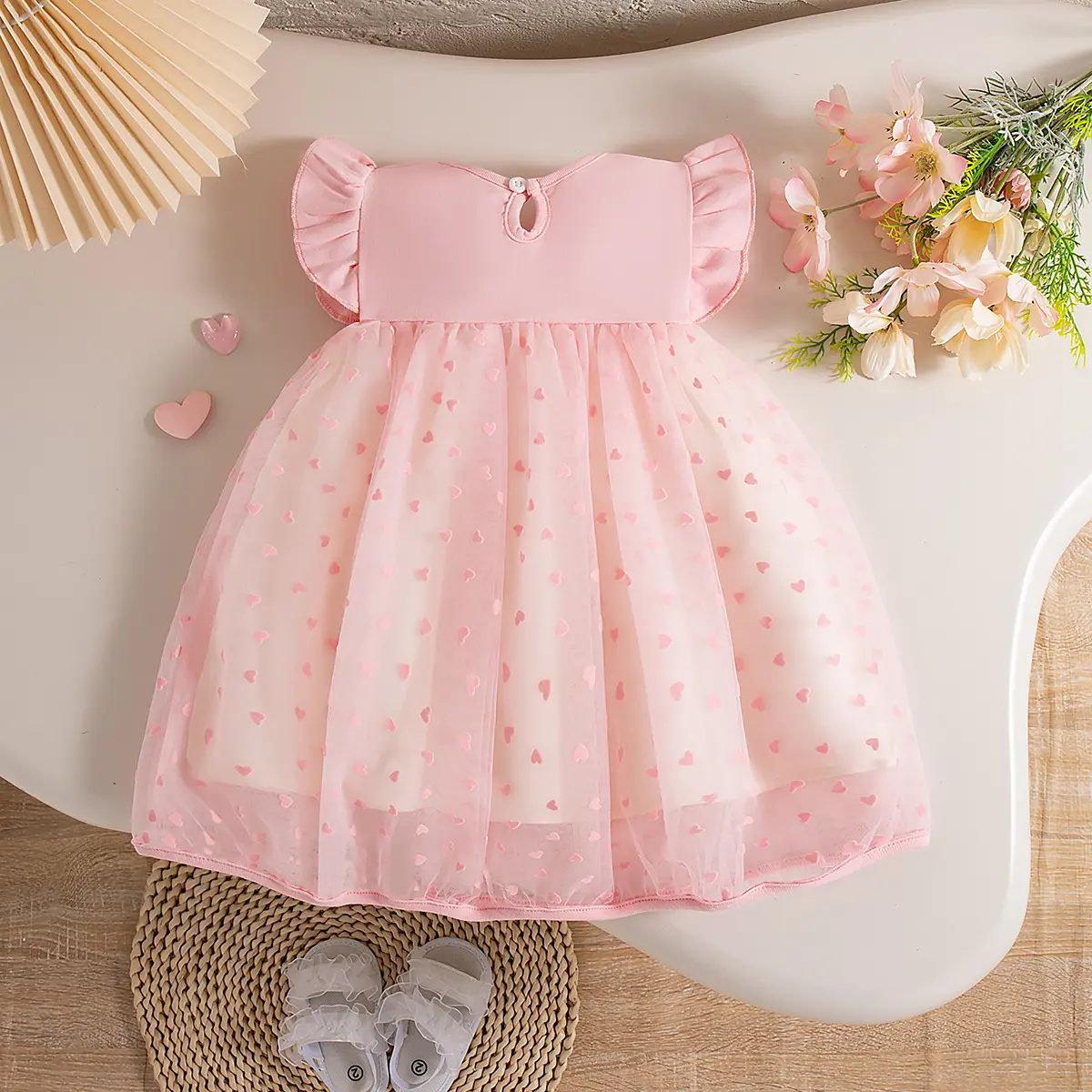Baby Girl Dresses Summer New Flying Sleeve Love Embroidered Mesh Girl Dress Sweet Bow Round Neck Baby Clothing