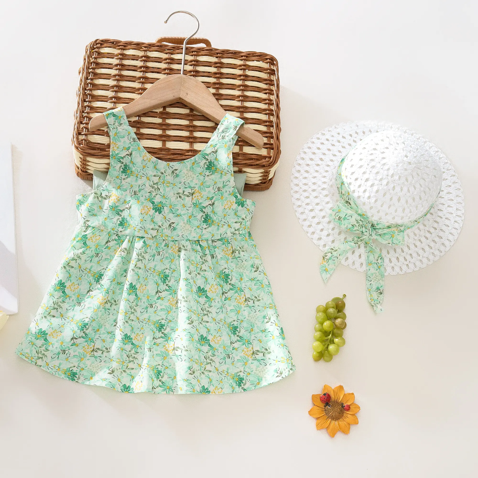 0-3 Baby Girl Set Summer Full body Printed Strap Princess Dress Big Bow Cute Sleeveless Dress+Hat 2 Pcs