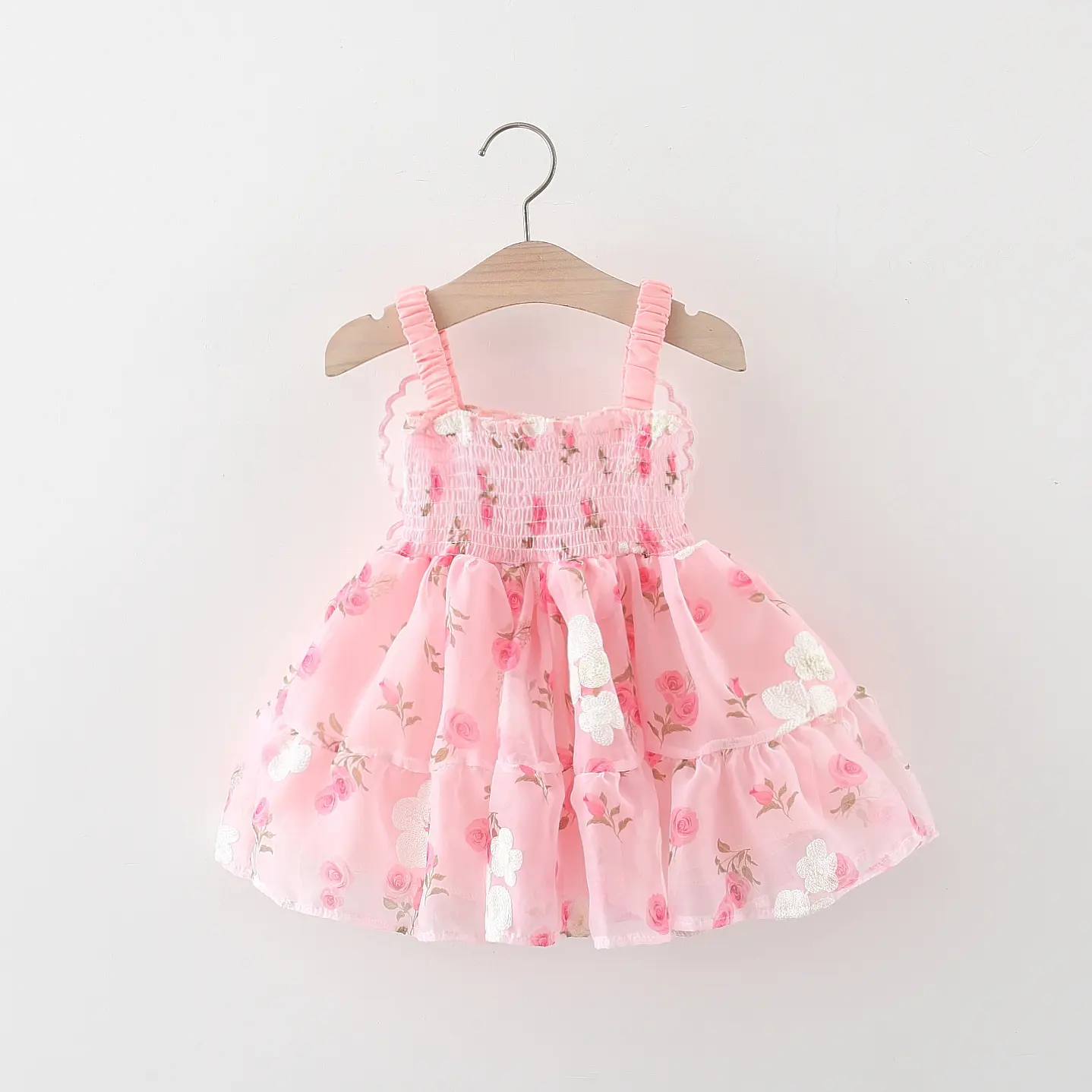Summer beach baby girl dress with butterfly wings embroidery on the back rose print suspender princess dress