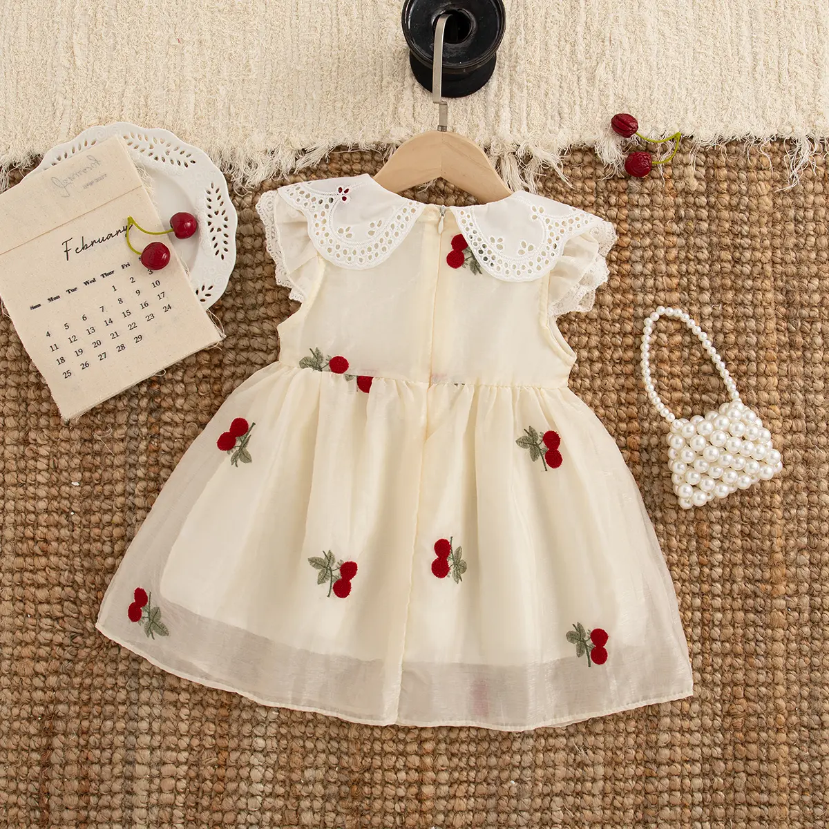 Toddler Dress Summer New Sleeveless Sweet Baby Girl Dresses Cherry Embroidered Lapel Imitation Satin Clothes Girl