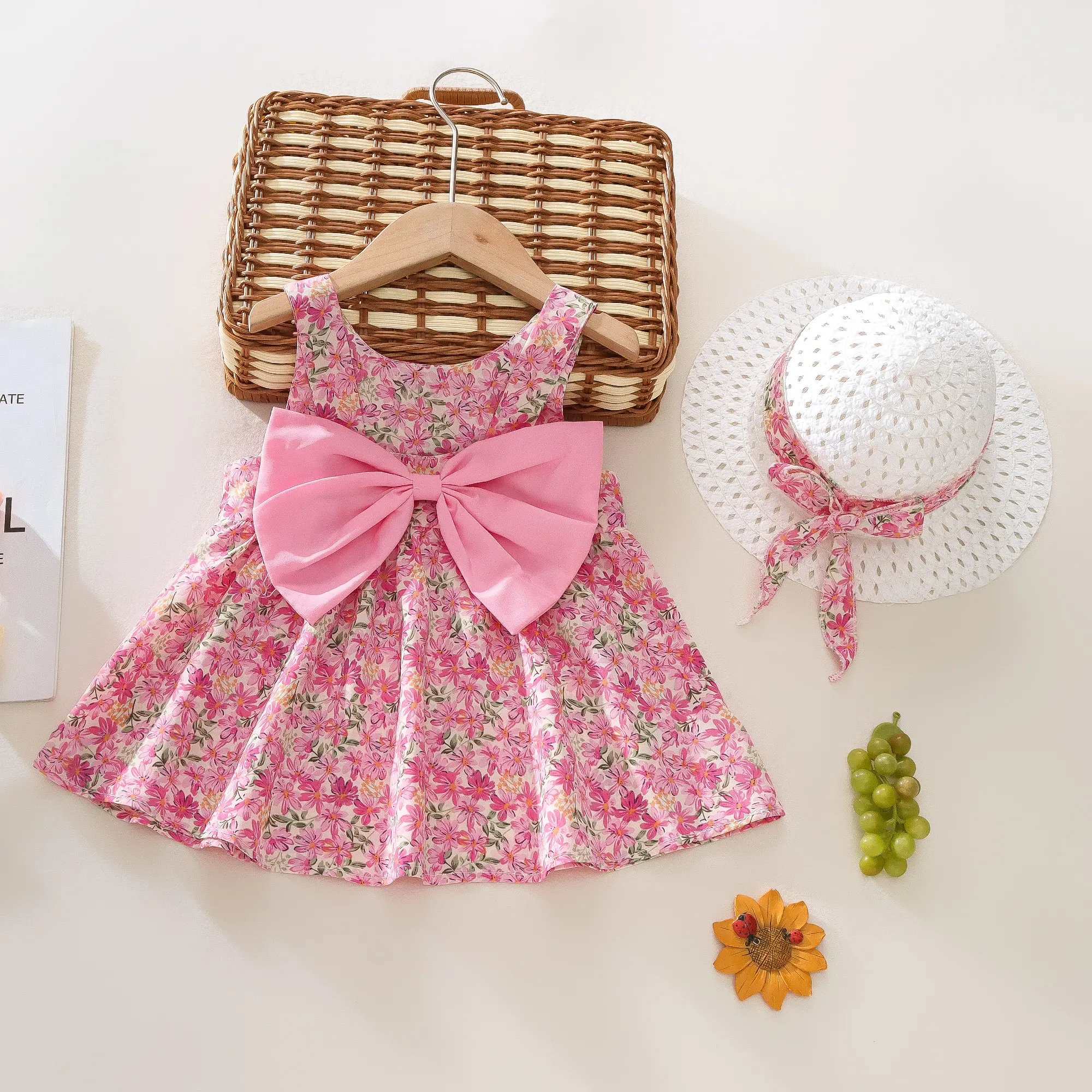 0-3 Baby Girl Set Summer Full body Printed Strap Princess Dress Big Bow Cute Sleeveless Dress+Hat 2 Pcs