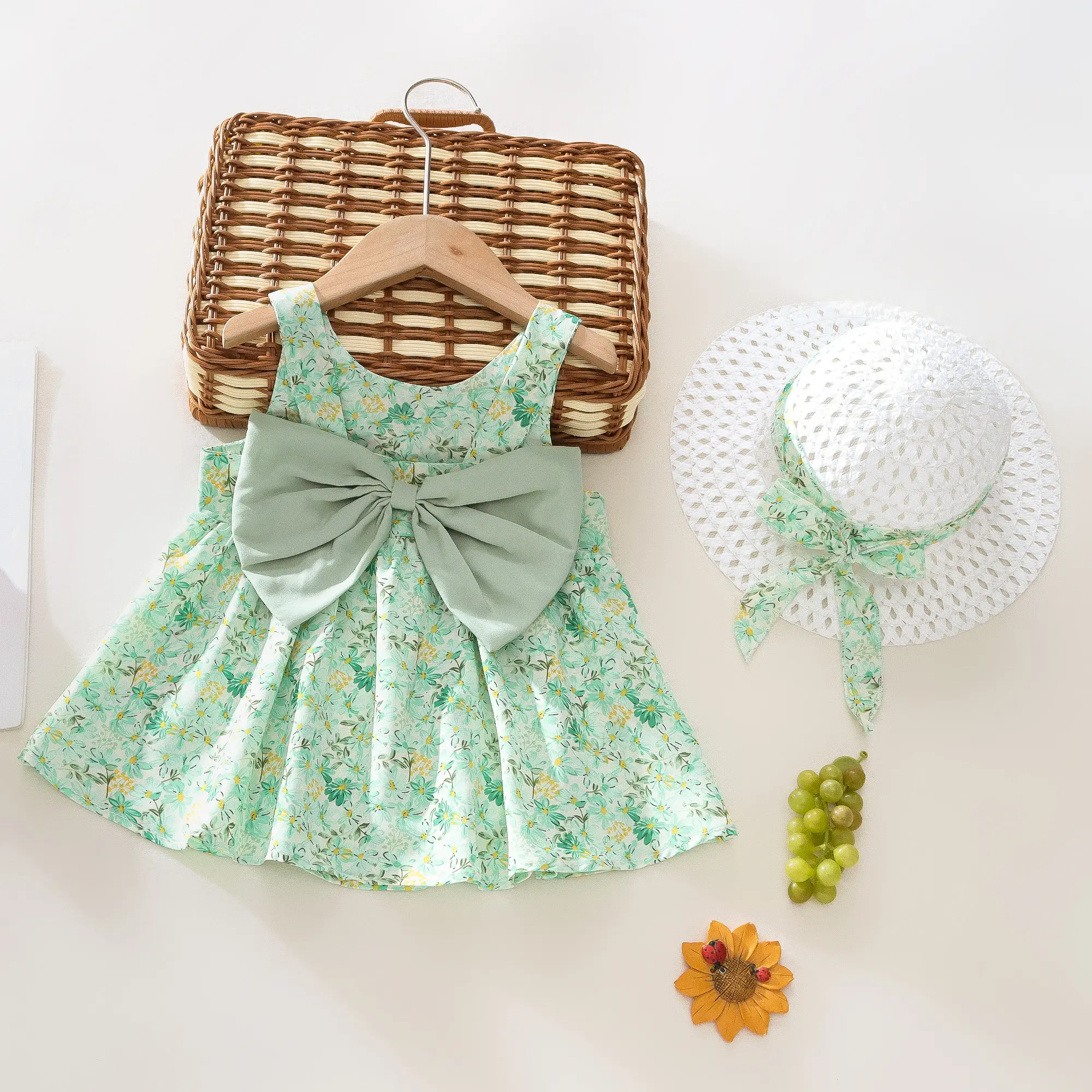 0-3 Baby Girl Set Summer Full body Printed Strap Princess Dress Big Bow Cute Sleeveless Dress+Hat 2 Pcs