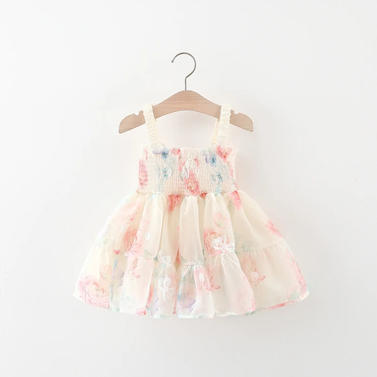 Girl's Baby Dress Summer Girl's Colorful Halo Dyed Flower Print Back Butterfly Wings Strap Princess Dress