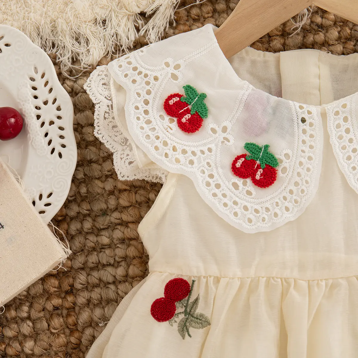 Toddler Dress Summer New Sleeveless Sweet Baby Girl Dresses Cherry Embroidered Lapel Imitation Satin Clothes Girl