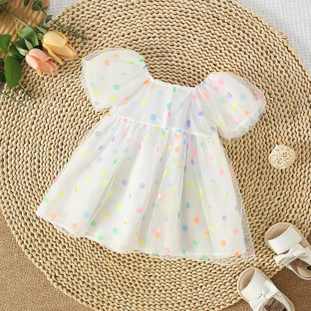 Summer Baby Girl Dress For Girls' Birthday Party Colorful Polka Dot Big Bow Mesh Bubble Sleeve Princess Dress