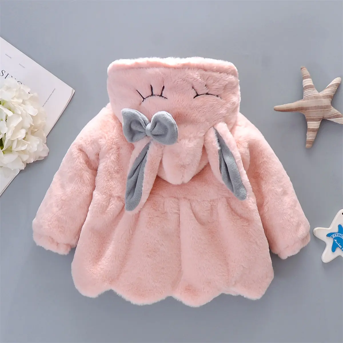 2pc/Set Baby Girl Clothes New Long Sleeve Cute Rabbit Hoodie Jacket Winter Plush Bow Children Clothes Send bag For 0-3years