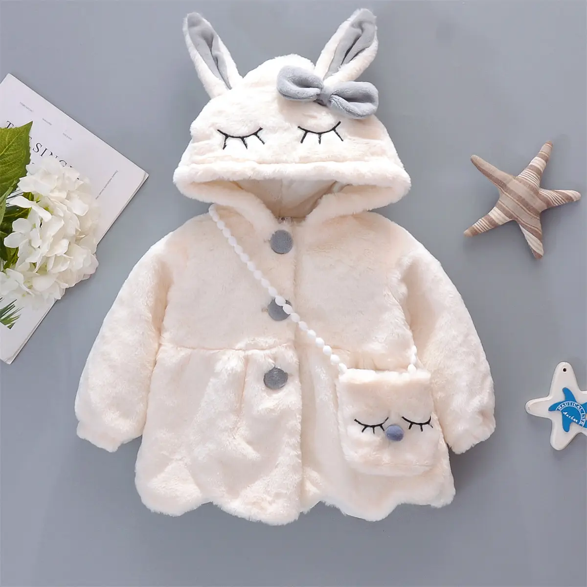 2pc/Set Baby Girl Clothes New Long Sleeve Cute Rabbit Hoodie Jacket Winter Plush Bow Children Clothes Send bag For 0-3years