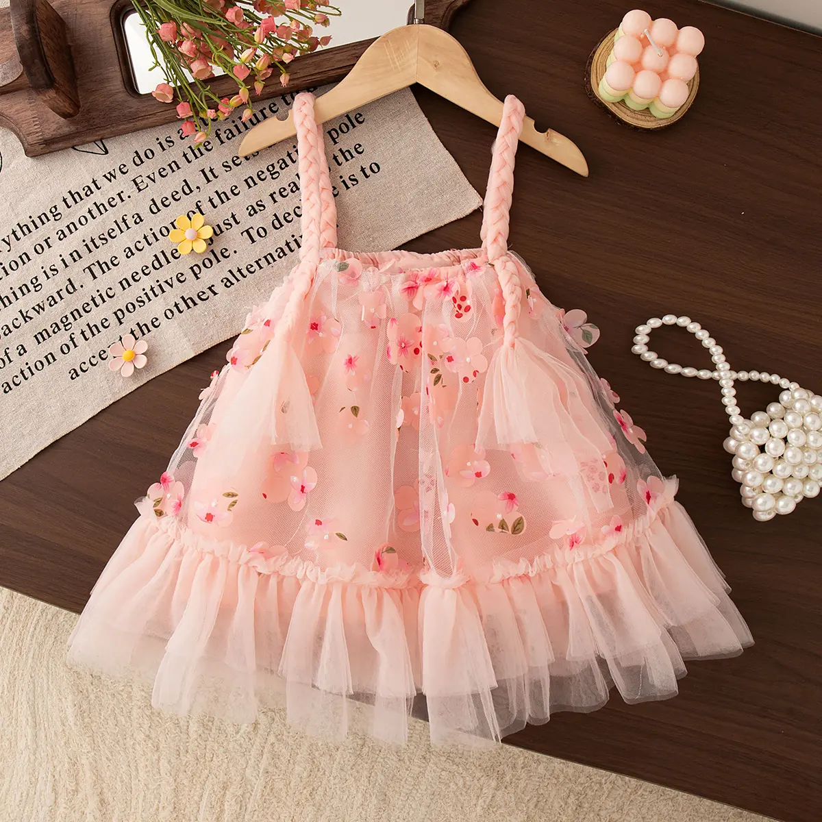 Baby Girl Dresses Summer New Sleeveless Camisole Baby Girl Clothing Flower Print Sweet Pink Mesh Toddler Dress