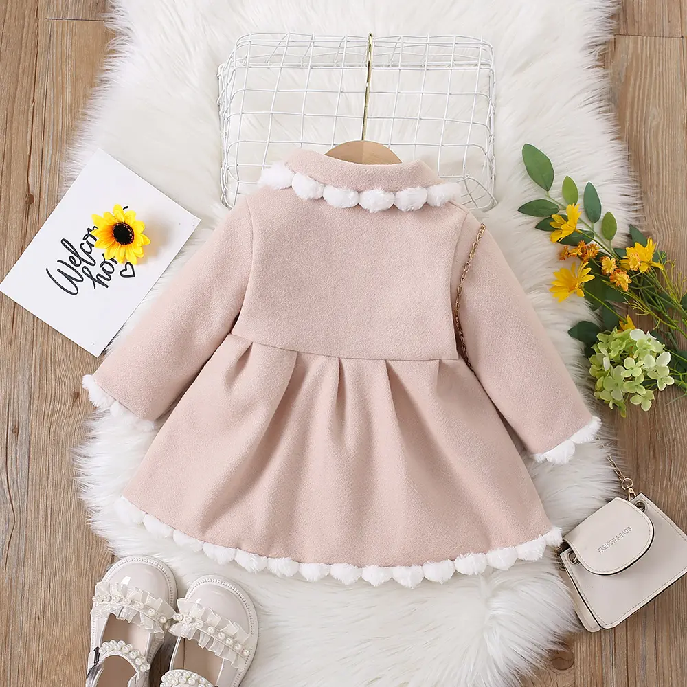 Casual Girls' Coat Spring And Autumn Baby Girl Double Bow Single Breasted Fur Cuffs Base Color Fashionable Coat