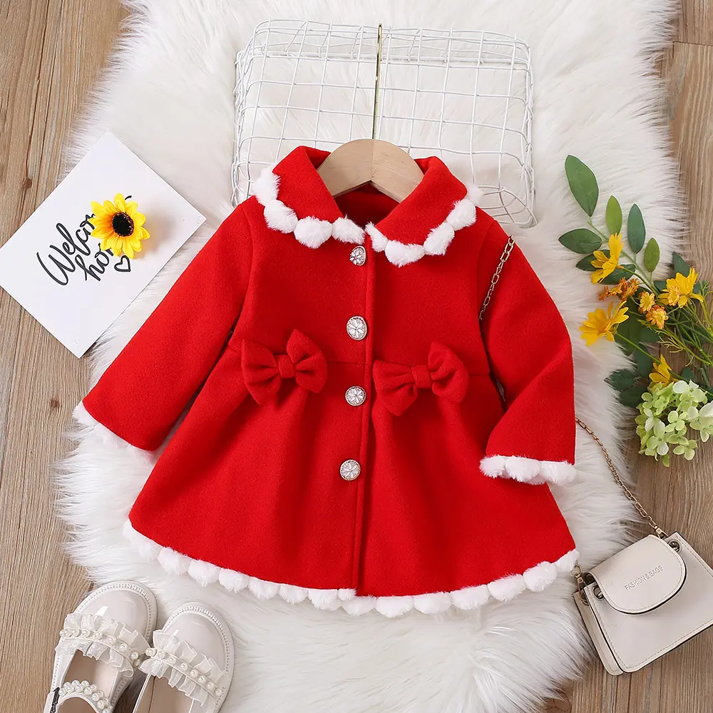 Casual Girls' Coat Spring And Autumn Baby Girl Double Bow Single Breasted Fur Cuffs Base Color Fashionable Coat