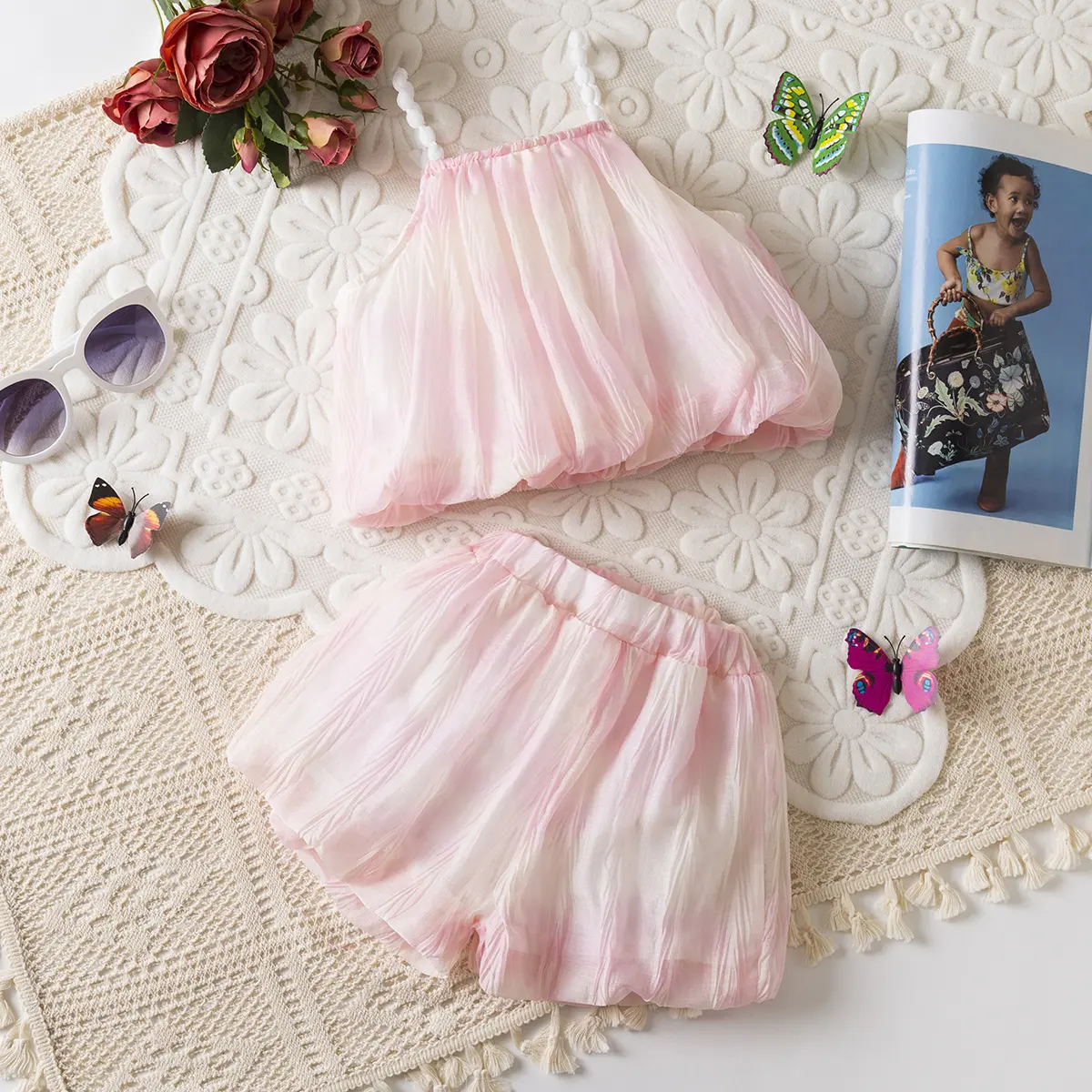 2 Pieces Set Baby Clothes Summer New Sleeveless Camisole Shorts Girl Clothing Solid Color Sweet Bow Sets For Baby