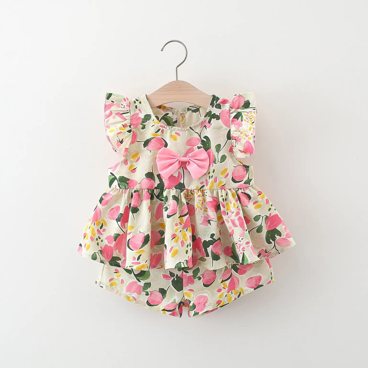 2/piece set of summer new girls short sleeved shorts set baby girl peach print bow small flying sleeve set