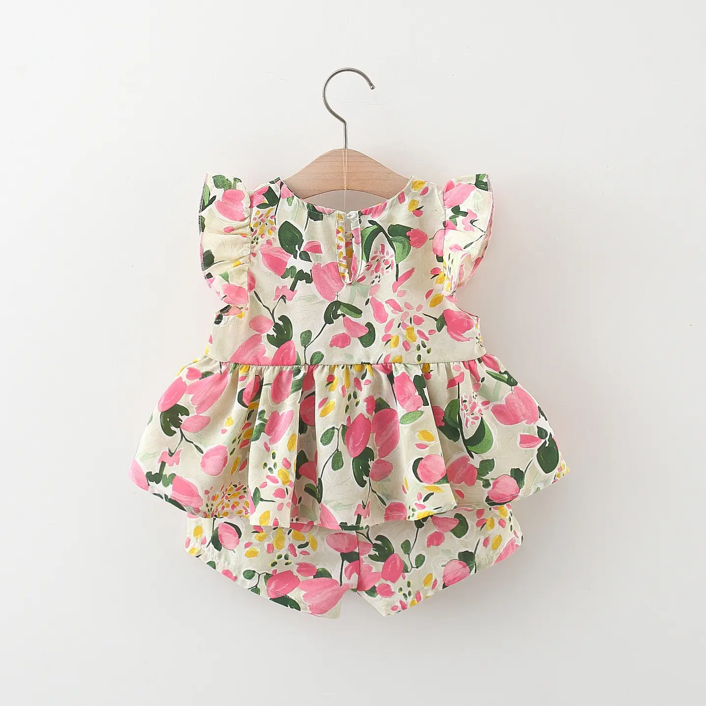 2/piece set of summer new girls short sleeved shorts set baby girl peach print bow small flying sleeve set