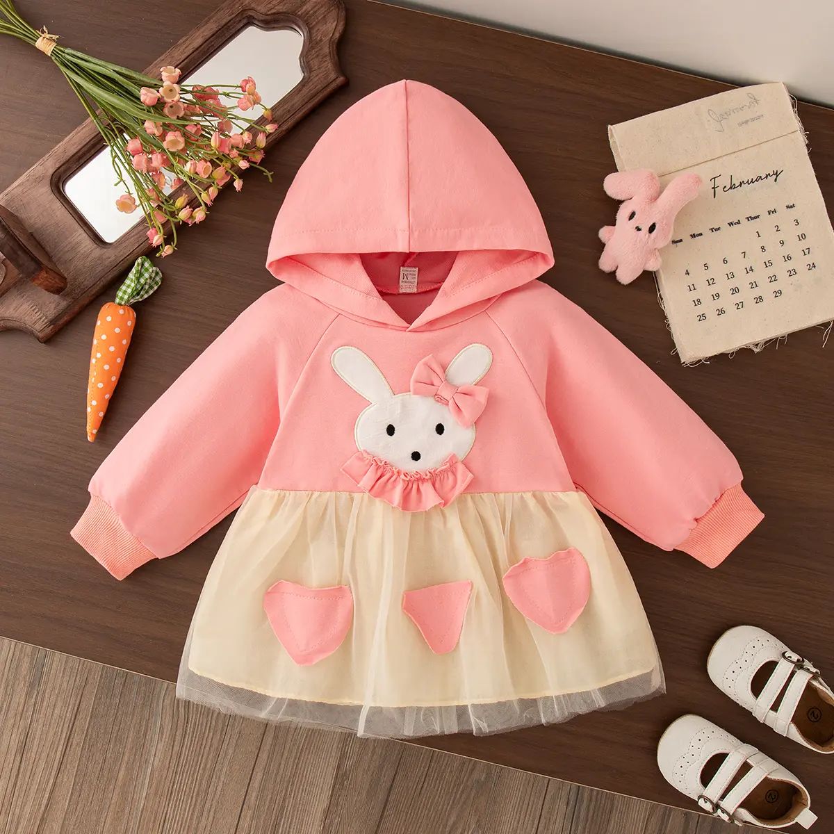 Baby Girl Dresses Autumn New Long Sleeve Casual Dresses For Girls Cartoon Rabbit Mesh Hoodie Girl Clothing