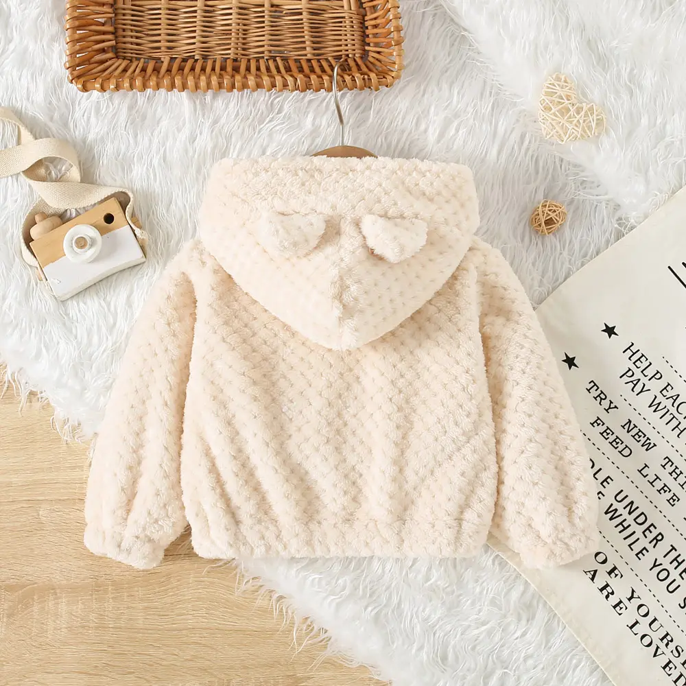Casual Fur Girls' Coat Autumn And Winter Girls' Diamond Grid Fur Solid Color Cute Ear Hooded Zipper Jacket