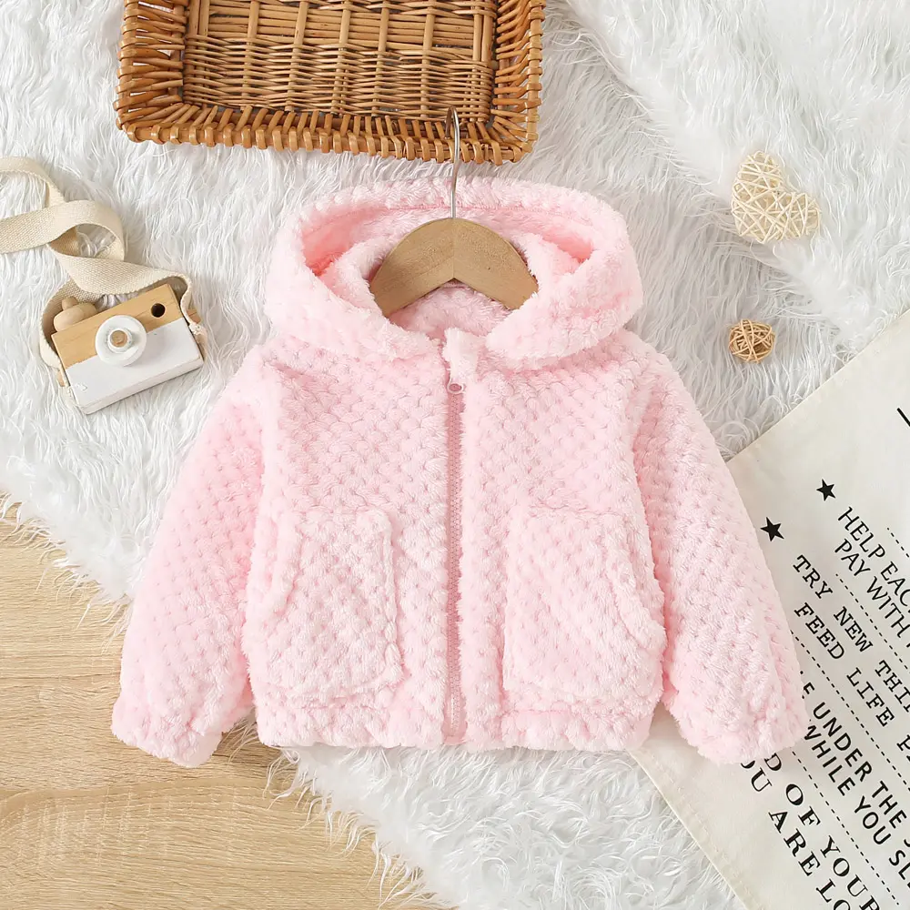 Casual Fur Girls' Coat Autumn And Winter Girls' Diamond Grid Fur Solid Color Cute Ear Hooded Zipper Jacket